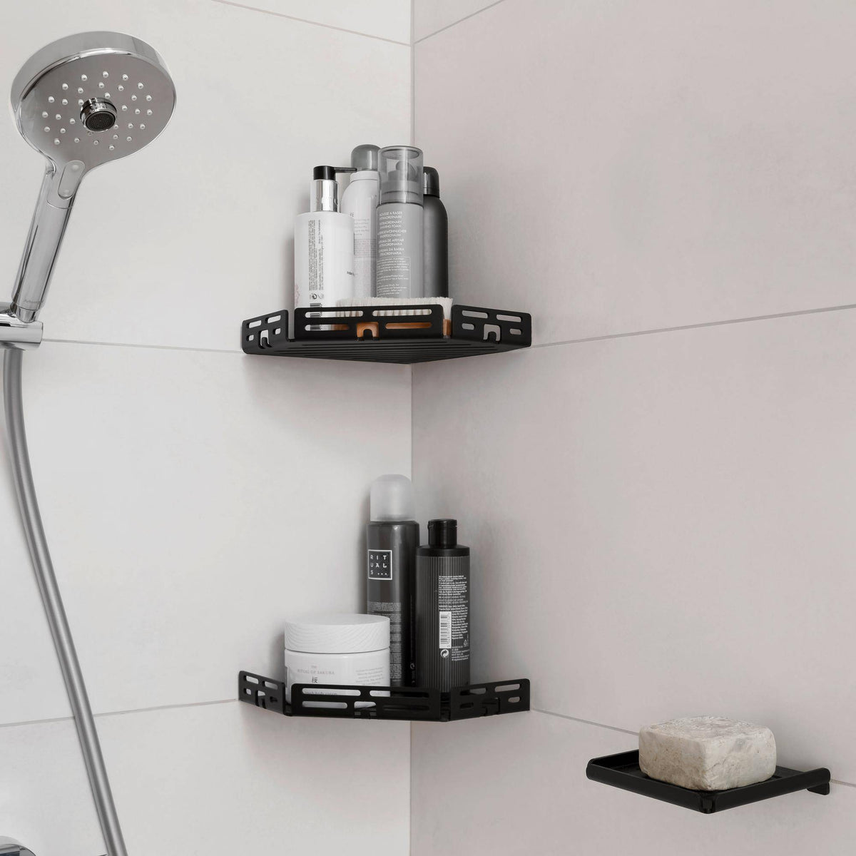 Eckablage mit Reling TI-SHELF PENTA Edelstahl (V2A/304) schwarz strukturbeschichtet 32mm